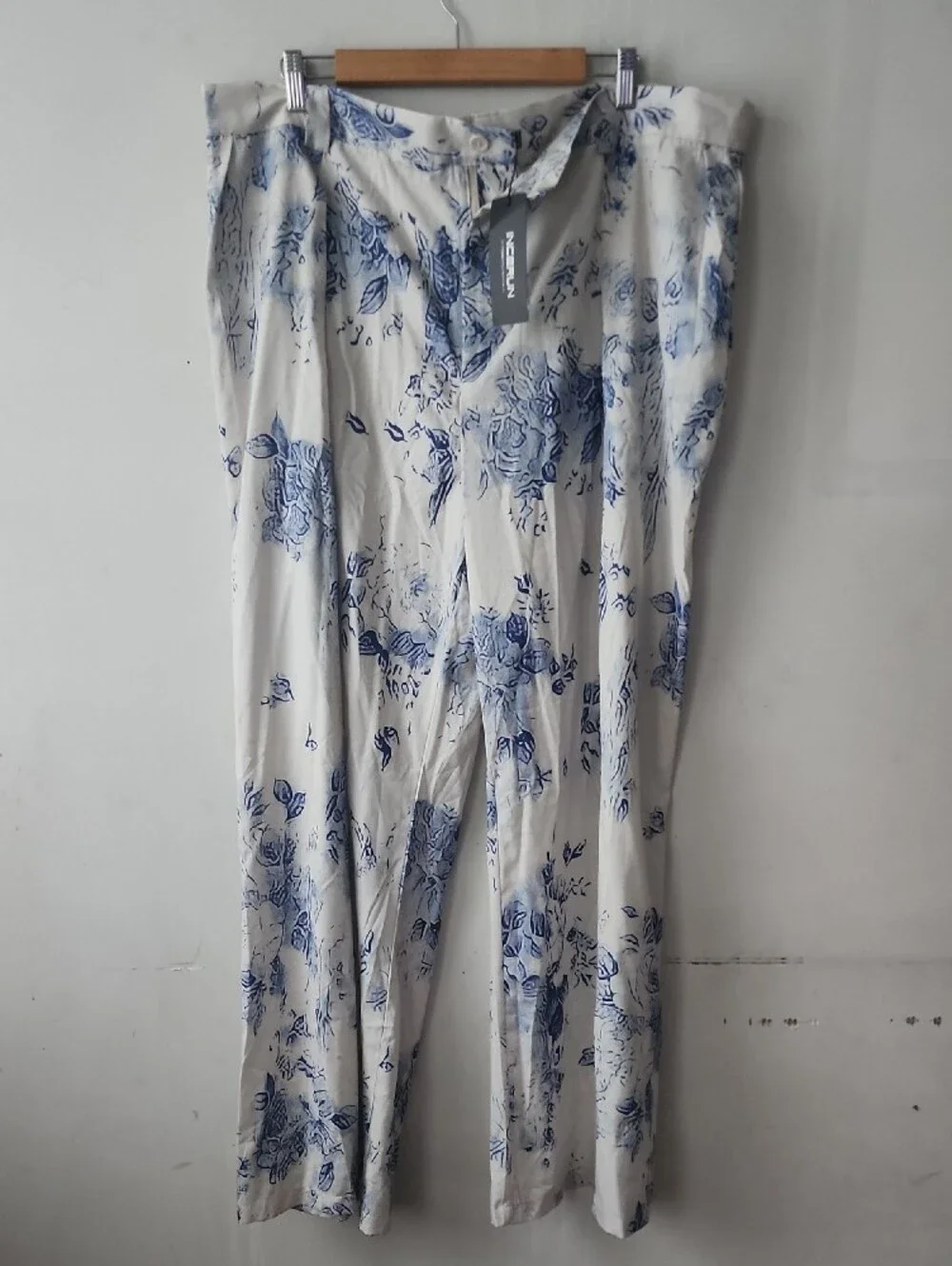Men's White Floral Dress Pants with Blue Print